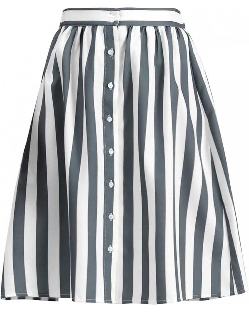 Women's Striped Button Front Elastic Back Waist A-Line Midi Skirt Gray $14.40 Skirts