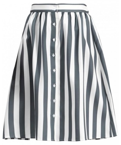 Women's Striped Button Front Elastic Back Waist A-Line Midi Skirt Gray $14.40 Skirts