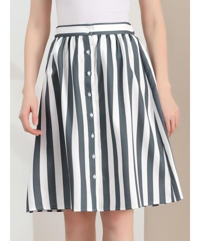 Women's Striped Button Front Elastic Back Waist A-Line Midi Skirt Gray $14.40 Skirts