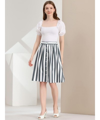 Women's Striped Button Front Elastic Back Waist A-Line Midi Skirt Gray $14.40 Skirts