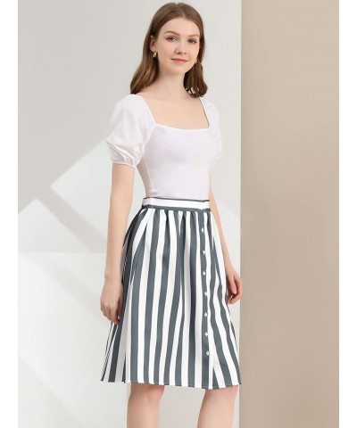 Women's Striped Button Front Elastic Back Waist A-Line Midi Skirt Gray $14.40 Skirts