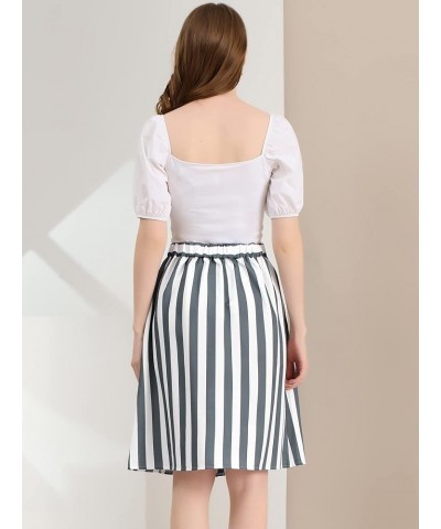 Women's Striped Button Front Elastic Back Waist A-Line Midi Skirt Gray $14.40 Skirts