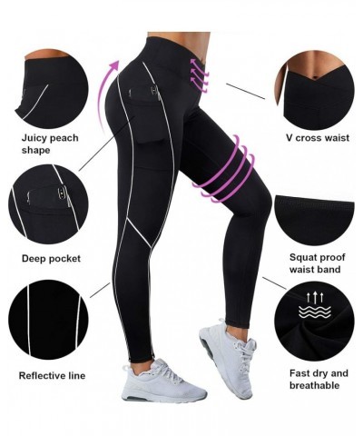 Women Reflective High Waisted Running Leggings with Pockets Yoga Pants 35 Black $14.06 Leggings