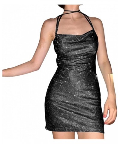 Women Sequin Mini Dress Sexy Spaghetti Strap Sleeveless Backless Short Sparkle Dress Y2k Summer Cocktail Party Dress E Black ...