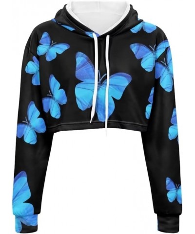 Fashion Hoodies Drawstring Crop Top Hoodies Casual Long Sleeve Fall Autumn Hooded Sweatshirt Women Blue Butterfly $15.80 Hood...