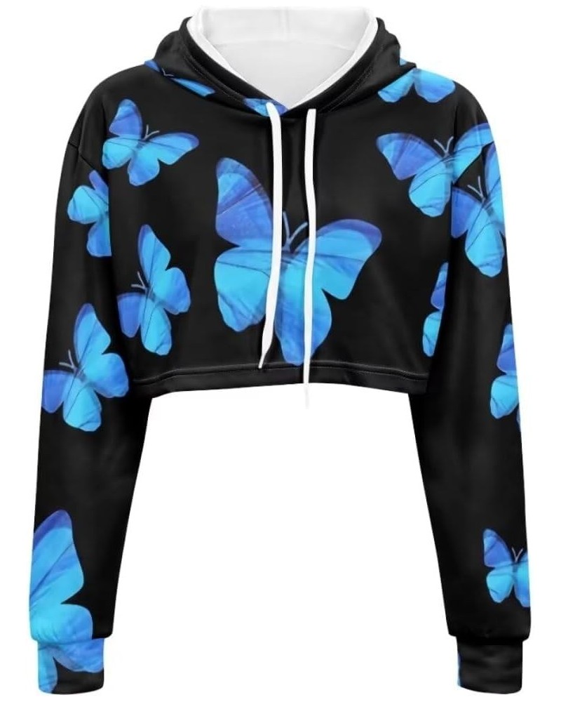 Fashion Hoodies Drawstring Crop Top Hoodies Casual Long Sleeve Fall Autumn Hooded Sweatshirt Women Blue Butterfly $15.80 Hood...