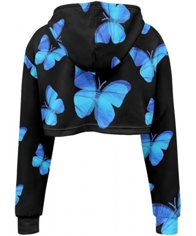 Fashion Hoodies Drawstring Crop Top Hoodies Casual Long Sleeve Fall Autumn Hooded Sweatshirt Women Blue Butterfly $15.80 Hood...