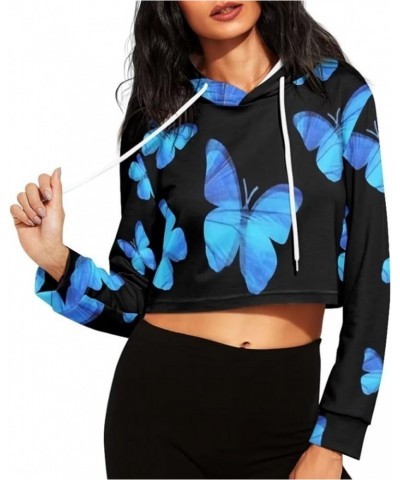 Fashion Hoodies Drawstring Crop Top Hoodies Casual Long Sleeve Fall Autumn Hooded Sweatshirt Women Blue Butterfly $15.80 Hood...