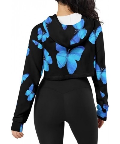 Fashion Hoodies Drawstring Crop Top Hoodies Casual Long Sleeve Fall Autumn Hooded Sweatshirt Women Blue Butterfly $15.80 Hood...