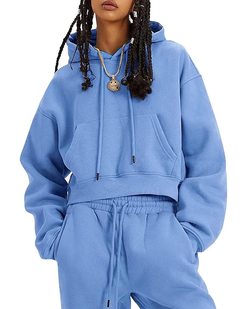 Womens Sweatsuits 2 Piece Fleece Outfits Long Sleeve Crop Hoodies Pullover Jogger Pants Casual Athletic Set Light Blue $31.31...