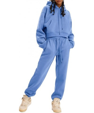 Womens Sweatsuits 2 Piece Fleece Outfits Long Sleeve Crop Hoodies Pullover Jogger Pants Casual Athletic Set Light Blue $31.31...