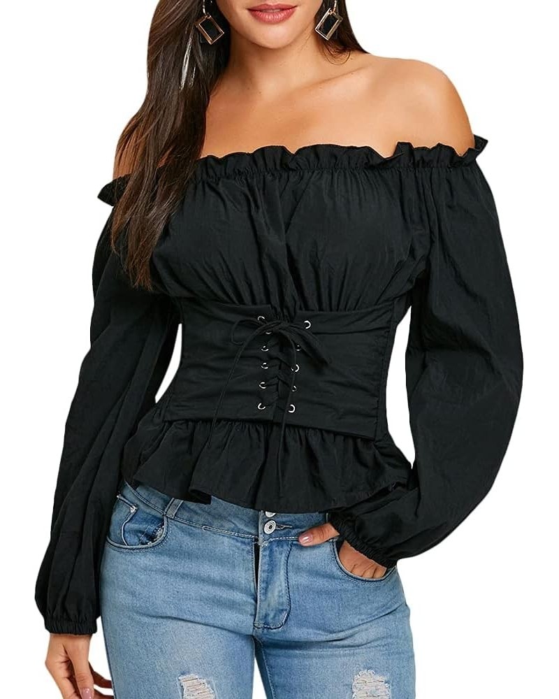 ZAFUL Women's Off The Shoulder Ruffled Long Sleeve Lace Up Smocked Blouse Top… Black-new $10.34 Blouses