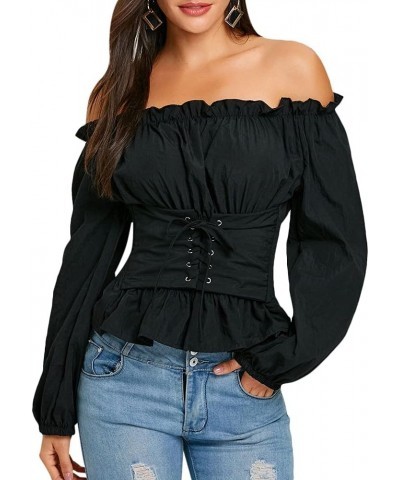 ZAFUL Women's Off The Shoulder Ruffled Long Sleeve Lace Up Smocked Blouse Top… Black-new $10.34 Blouses