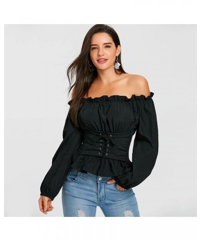 ZAFUL Women's Off The Shoulder Ruffled Long Sleeve Lace Up Smocked Blouse Top… Black-new $10.34 Blouses