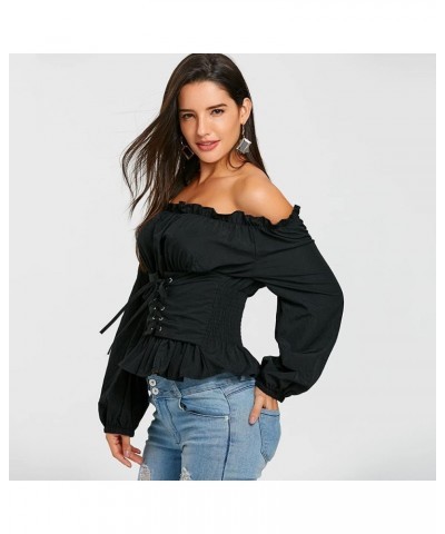 ZAFUL Women's Off The Shoulder Ruffled Long Sleeve Lace Up Smocked Blouse Top… Black-new $10.34 Blouses