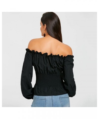 ZAFUL Women's Off The Shoulder Ruffled Long Sleeve Lace Up Smocked Blouse Top… Black-new $10.34 Blouses