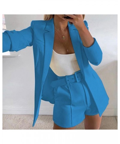 3 Piece Blazers for Women Open Front Blazer and Shorts with Belt Sets Sexy Business Casual Outfits Oversized Jackets 02_blue ...