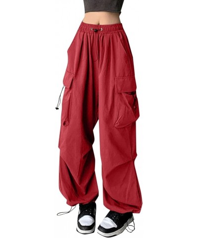 Womens Cargo Pants with Pockets Plus Size,Casual Fahion Baggy Drawstring Wide Leg Parachute Pants Jogger Sweatpants Z1-red $1...