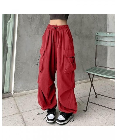 Womens Cargo Pants with Pockets Plus Size,Casual Fahion Baggy Drawstring Wide Leg Parachute Pants Jogger Sweatpants Z1-red $1...