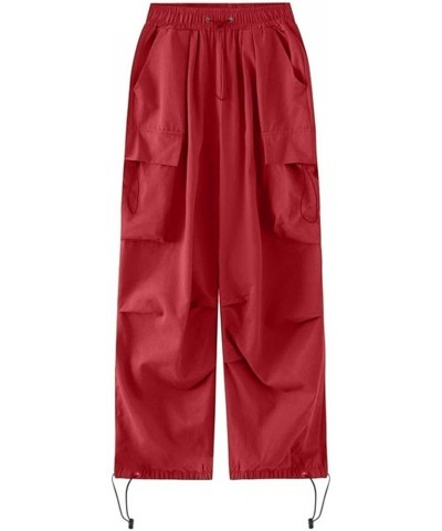 Womens Cargo Pants with Pockets Plus Size,Casual Fahion Baggy Drawstring Wide Leg Parachute Pants Jogger Sweatpants Z1-red $1...