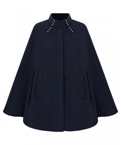 Women's Mock Neck Button Down Poncho Cape Woolen Pea Coat Cloak Navy $31.96 Coats