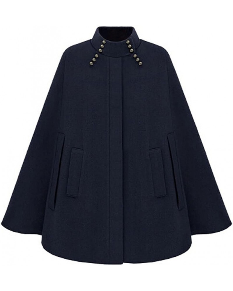 Women's Mock Neck Button Down Poncho Cape Woolen Pea Coat Cloak Navy $31.96 Coats