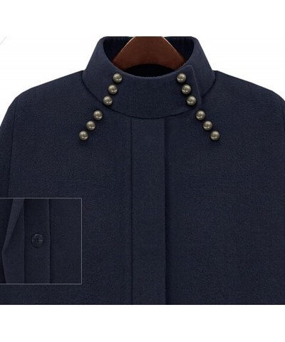 Women's Mock Neck Button Down Poncho Cape Woolen Pea Coat Cloak Navy $31.96 Coats