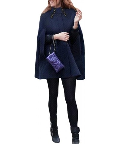 Women's Mock Neck Button Down Poncho Cape Woolen Pea Coat Cloak Navy $31.96 Coats