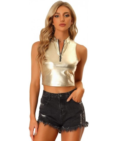 Metallic Crop Tops for Women's Mock Neck Zip Up Shiny Holographic Tank Top Gold $16.90 Tanks