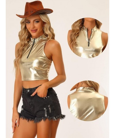 Metallic Crop Tops for Women's Mock Neck Zip Up Shiny Holographic Tank Top Gold $16.90 Tanks