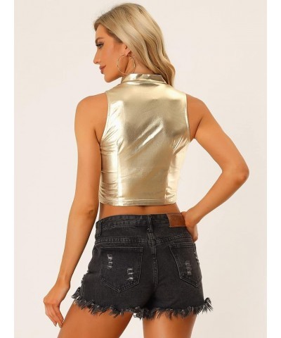 Metallic Crop Tops for Women's Mock Neck Zip Up Shiny Holographic Tank Top Gold $16.90 Tanks