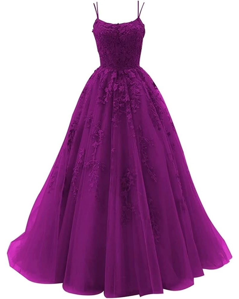 Tulle Spaghetti Straps Prom Dresses Long Lace Appliques Ball Gowns for Women Fuchsia $34.19 Dresses