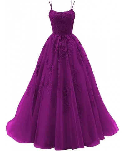 Tulle Spaghetti Straps Prom Dresses Long Lace Appliques Ball Gowns for Women Fuchsia $34.19 Dresses