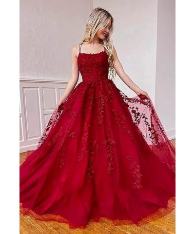 Tulle Spaghetti Straps Prom Dresses Long Lace Appliques Ball Gowns for Women Fuchsia $34.19 Dresses