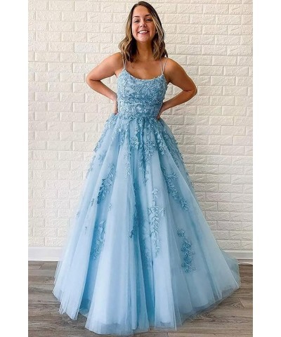 Tulle Spaghetti Straps Prom Dresses Long Lace Appliques Ball Gowns for Women Fuchsia $34.19 Dresses