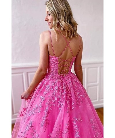 Tulle Spaghetti Straps Prom Dresses Long Lace Appliques Ball Gowns for Women Fuchsia $34.19 Dresses