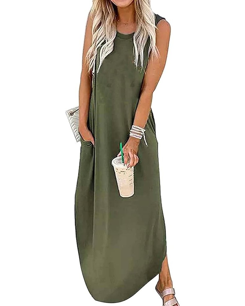 Women's Casual Beach Summer Dresses Sleeveless Graphic Long Sundress Cover Up Dresses with Pocket B Army Green $17.48 Swimsuits