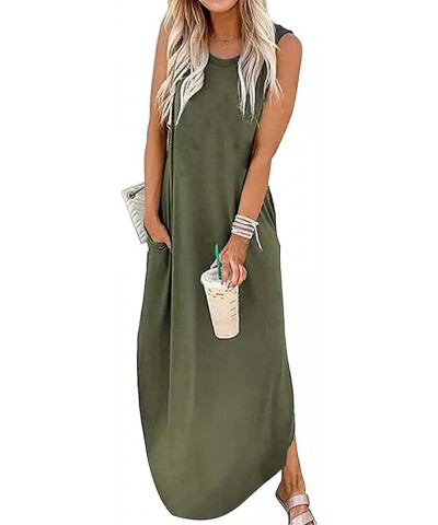 Women's Casual Beach Summer Dresses Sleeveless Graphic Long Sundress Cover Up Dresses with Pocket B Army Green $17.48 Swimsuits