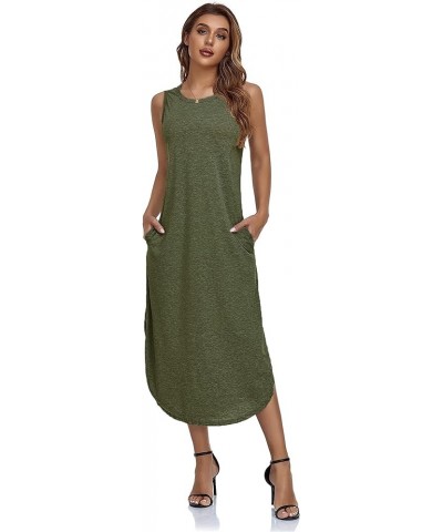 Women's Casual Beach Summer Dresses Sleeveless Graphic Long Sundress Cover Up Dresses with Pocket B Army Green $17.48 Swimsuits