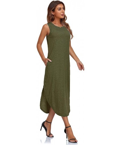 Women's Casual Beach Summer Dresses Sleeveless Graphic Long Sundress Cover Up Dresses with Pocket B Army Green $17.48 Swimsuits