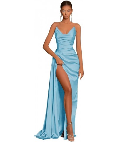 Satin Corset Prom Dresses Slit Long 2024 Off Shoulder Strapless Formal Evening Party Cocktail Gown for Women Blue $31.85 Dresses