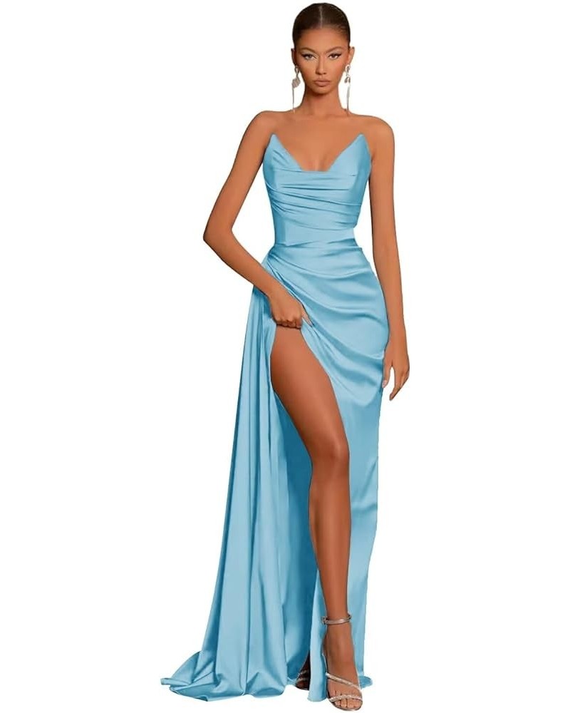 Satin Corset Prom Dresses Slit Long 2024 Off Shoulder Strapless Formal Evening Party Cocktail Gown for Women Blue $31.85 Dresses