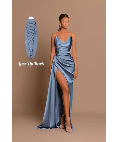 Satin Corset Prom Dresses Slit Long 2024 Off Shoulder Strapless Formal Evening Party Cocktail Gown for Women Blue $31.85 Dresses