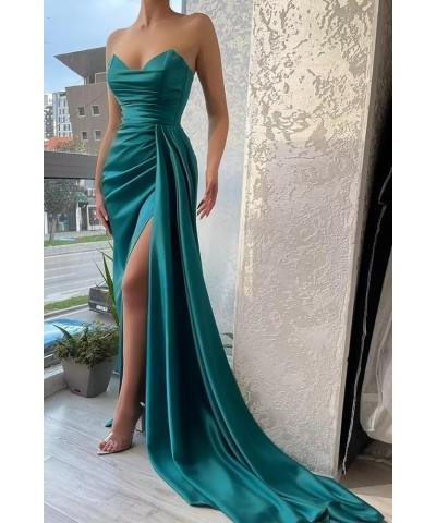 Satin Corset Prom Dresses Slit Long 2024 Off Shoulder Strapless Formal Evening Party Cocktail Gown for Women Blue $31.85 Dresses