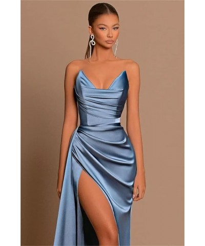 Satin Corset Prom Dresses Slit Long 2024 Off Shoulder Strapless Formal Evening Party Cocktail Gown for Women Blue $31.85 Dresses