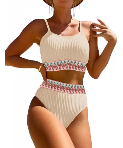 Women's High Waisted Swimsuit Two Piece Ribbed Bikini Sets Crop Top High Cut Cheeky Bathing Suits Apricot $20.29 Swimsuits