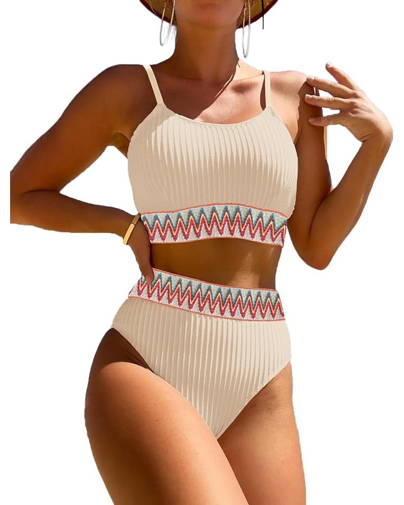 Women's High Waisted Swimsuit Two Piece Ribbed Bikini Sets Crop Top High Cut Cheeky Bathing Suits Apricot $20.29 Swimsuits