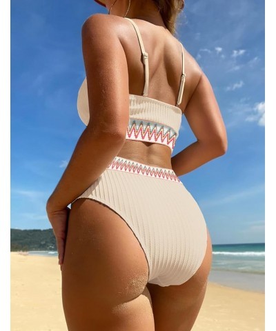 Women's High Waisted Swimsuit Two Piece Ribbed Bikini Sets Crop Top High Cut Cheeky Bathing Suits Apricot $20.29 Swimsuits