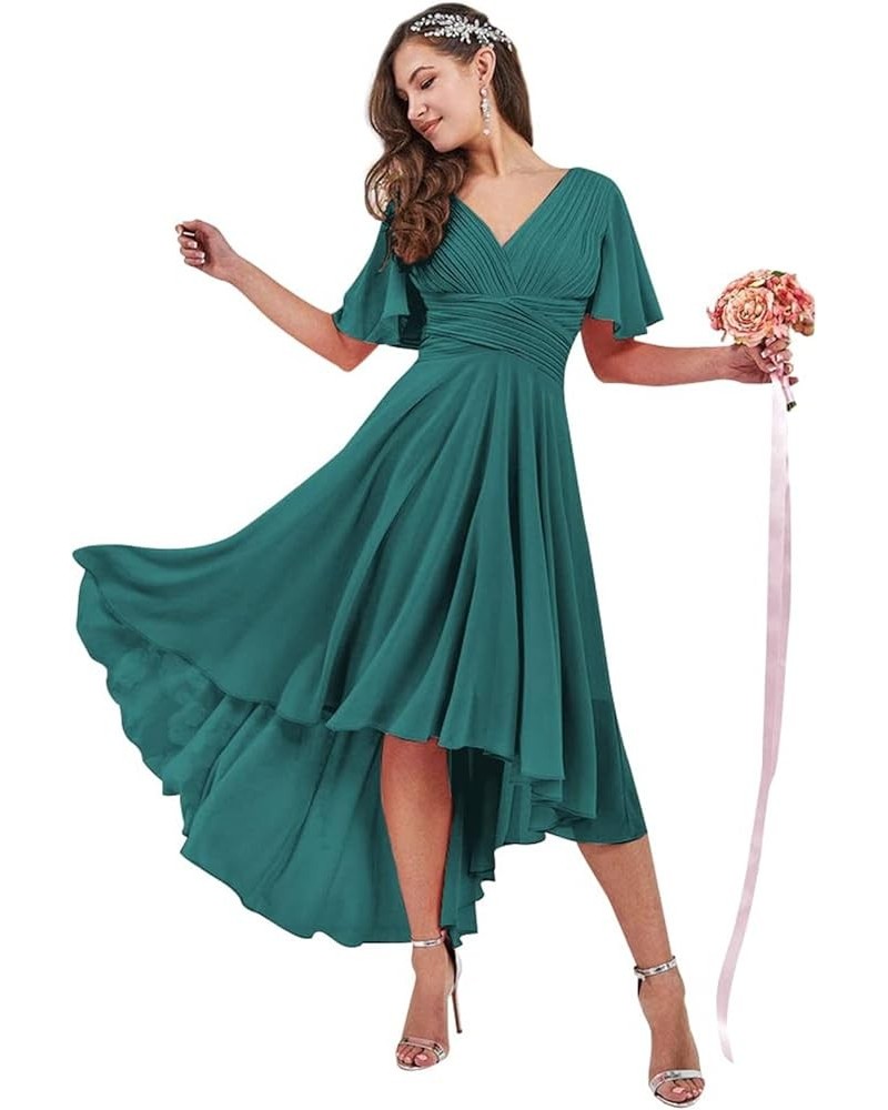 High Low Bridesmaid Dresses with Sleeves for Women A Line Chiffon Formal Evening Dress Teal $26.00 Dresses