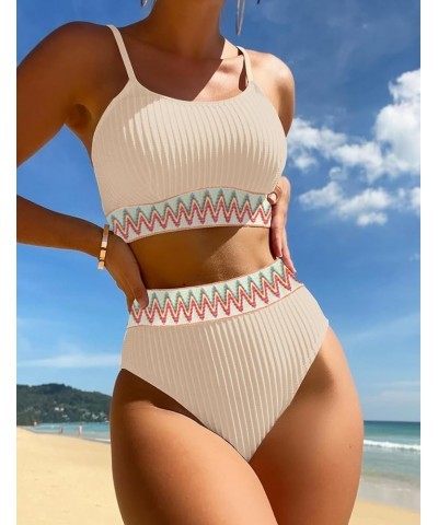 Women's High Waisted Swimsuit Two Piece Ribbed Bikini Sets Crop Top High Cut Cheeky Bathing Suits Apricot $20.29 Swimsuits